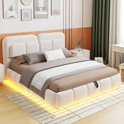 Produktbild von STILVORA Polsterbett 140x200 cm mit Matratze Bettgestell mit Lichtleiste und hydraulischem Stauraum, Doppelbett mit voluminösem Kopfteil und Bettseiten,Samtbett aus Samtstoff