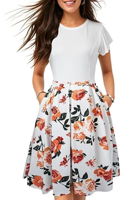 Produktbild von oxiuly Damen Vintage Halbarm ohals Kontrast beiläufige Taschen-Partei-Kleid Ox25