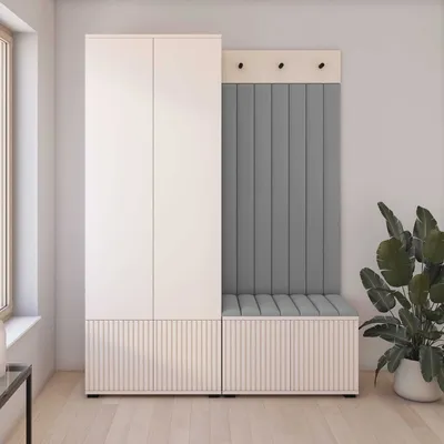 Produktbild von Garderoben-Set Ritmo version 1 – gefräste Kleiderschrank mit Polsterplatten, Schuhschrank, für Flur und Eingangsbereich (cashmere, Trinity 14)