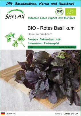 Produktbild von SAFLAX - Geschenk Set - BIO - Rotes Basilikum - 400 Samen - Mit Geschenk- / Versandbox, Versandaufkleber, Geschenkkarte und Anzuchtsubstrat - Ocimum basilicum
