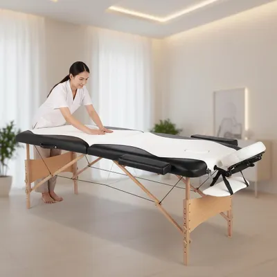 Image de tABLE DE MASSAGE MOBILE 2 ZONES, SAC INCLUS TABLE D'ESTHÉTIQUE PLIABLE BLANC/NOIR NOUVEAU