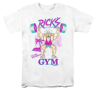 Immagine prodotto di Maglietta unisex "Ricks Gym" della serie Rick and Morty, taglia S, colore bianco (modello TV36761), Immagine generata dall'IA