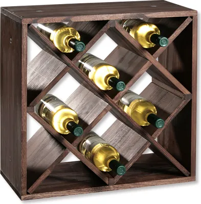 A wooden wine rack filled with bottles of white wine.