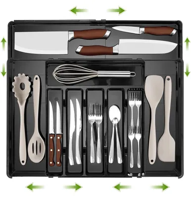 Besteckbox, verstellbar, 6-9 Fächer, 32-54 cm, schwarz