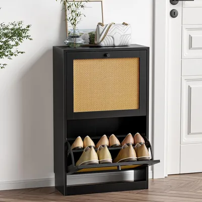 Image de Armoire à chaussures avec 2 tiroirs coulissants, gain de place, pour 8 à 12 paires de chaussures, dimensions : 51 x 23 x 84 cm, couleur : noir
