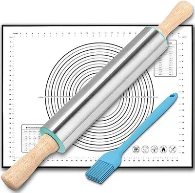 Immagine prodotto di Mattarello in acciaio inossidabile con manico in legno e rivestimento in silicone, 40 x 60 cm, blu, senza BPA