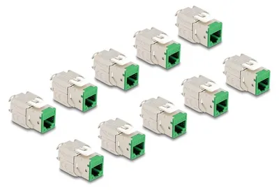 Produktbild von DeLOCK Keystone Modul RJ45 Buchse zu LSA Cat.6A werkzeugfrei grün Set 10 Stück, Flach, Grün, RJ-45, LSA, Weiblich, Weiblich