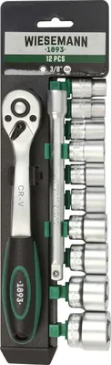 Immagine prodotto di Set cricchetto e bussole da 12 pezzi da 3/8″ con supporto | WIESEMANN 80133 | lega acciaio Q-30 | prolunga 150 mm | 10 mm - 24 mm | bussole con bocca esagonale