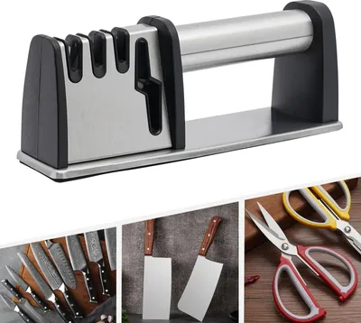 Immagine prodotto di Affilacoltelli 4 in 1 - Affilatore da cucina - Affilatura a 4 livelli - Diamante/tungsteno/Vetroceramica - Acciaio inossidabile per uso alimentare - Per coltelli e forbici - Argento/Nero