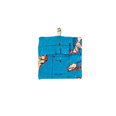 A blue laundry bag with a world map print, shown flat against a white background.