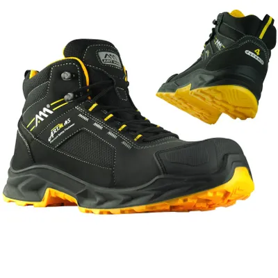 A pair of black and yellow work boots are shown against a white background. One boot is in the foreground, and the other is in the background, angled upwards.