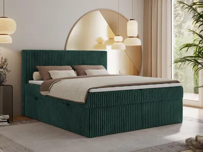 Obrázek produktu pro Kontinentální postel s úložným prostorem Tiliano 200x200, vícekapsová matrace H3, Topper T25, tmavě zelený - manšestrová látka