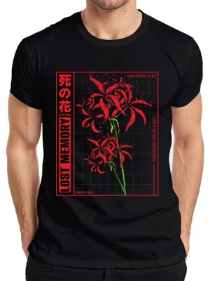 Productafbeelding van Rood Spider Lily - LOST MEMORY - Japans bloemmotief - Anime/Otaku stijl - Heren T-shirt, zwart, 3XL