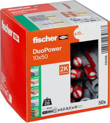 Produktbild von fischer DuoPower 10 x 50, Universaldübel, leistungsstarker 2-Komponenten-Dübel, Kunststoffdübel zur Befestigung in Beton, Ziegeln, Stein, Gipskarton uvm., ohne Schrauben, 50 Stück