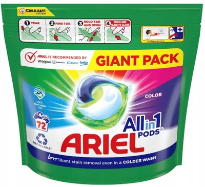 Ariel All-in-1 Pods packaging with product image and instructions.