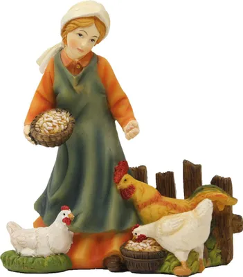 Produktbild von Magd mit Hühner aus Polyresin, handbemalt. Für 11 cm. Krippenfiguren.