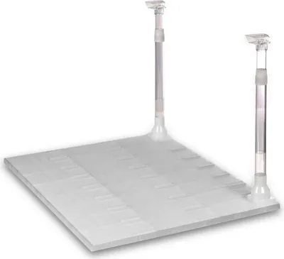 A white aquarium undergravel filter with two clear plastic risers and a clear plastic top attachment on each riser, set against a white background.
