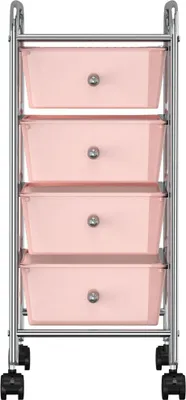 A four-drawer rolling cart with pink plastic drawers and a silver metal frame.