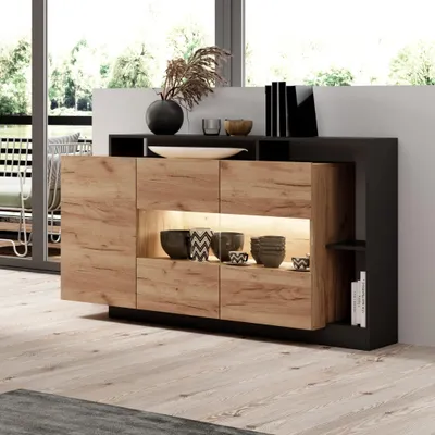 Produktbild von Kommode Sideboard PANZO 155 cm Craft Eiche Anthrazit LED Grifflos