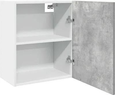 A white cabinet with a concrete-effect door, shown open.