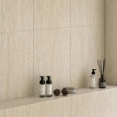 Produktbild von Fliese in Travertin-Look mit poröser Oberfläche für Wohnzimmer Badezimmer und Innenwandgestaltung Gelber Travertin 60 x 120 x 10 mm