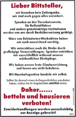 Produktbild von Spaß-Schild - Lieber Bittsteller ... hausieren verboten - 308971 - 20cm x 30cm - Kunststoffschild