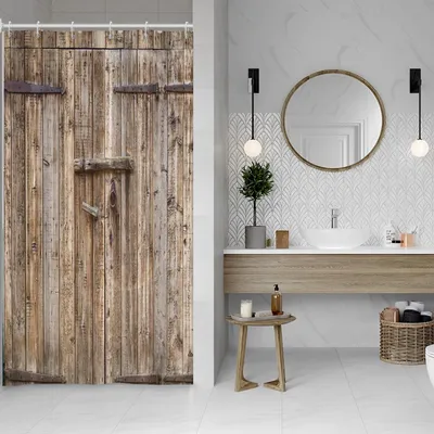 Produktbild von 90 x 183 cm Duschvorhang mit Holzplankenmuster, Vintage-Braun, Scheunentor-Optik, rustikalem Holzboden-Bauernhaus-Landschaftsmotiv, Polyester-Badewannenvorhang mit Haken