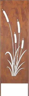 A decorative metal panel with a cut-out design of cattails and grass, set against a textured brown background.