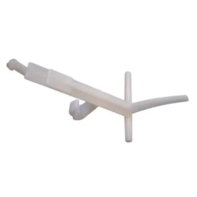 A white plastic toilet flush lever is shown against a white background.