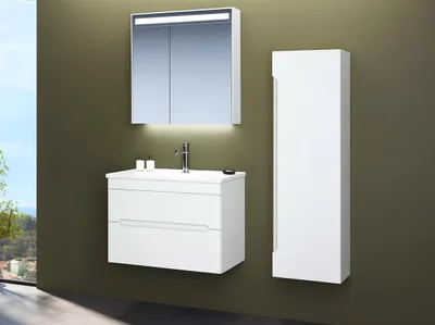 Obrázek produktu pro Orka | Koupelnový nábytek - 80 cm - Bílá - Se zrcadlem, umyvadlem a úložným prostorem - Elegantní design - Tiché zavírání