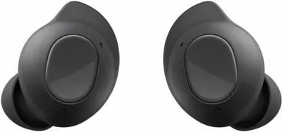A pair of black wireless earbuds is shown against a white background.