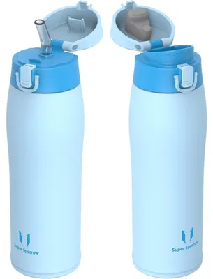 Produktbild von Trinkflasche Edelstahl Thermobecher 750 ml Hellblau BPA-Frei Auslaufsicher mit 2 Deckeln