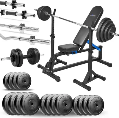 Zdjęcie produktu dla Zestaw do ćwiczeń siłowych 125 kg z ławką regulowaną, stojakami, gryf prosty 180 cm i gryf lekko łamany 120 cm, obciążenia 75 kg do ćwiczeń domowych