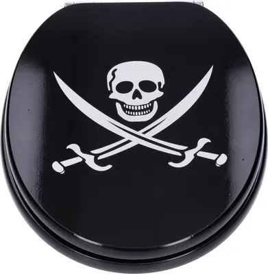 A black toilet seat with a white pirate skull and crossbones design.