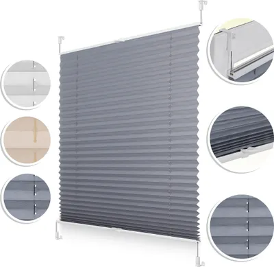 Produktbild von Plissee Grau 50x130 cm (B x L), Klemmfix verspannt, blickdicht, Sonnenschutz, 100% Polyester, modern edel, inkl. 4 Klemmträger & Spannschnüre für Rahmenstärke 5-24 mm, von oben und unten bedienbar, ohne Bohren.