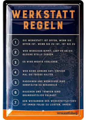 Produktbild von Retro Blechschild Werkstatt Schild - lustige Werkstattregeln für Männer mit den 7 wichtigsten Regeln für die Werkstatt - KFZ Mechaniker