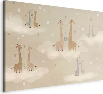 Produktbild von Italienischer Leinwand Leinwandbild - Love - Colorful Giraffes Floating on Clouds Among Hearts and Stars 120x80 cm Für Kinder e-A-10135-b-a