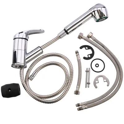 A collection of chrome-plated faucet parts and accessories laid out on a white background.