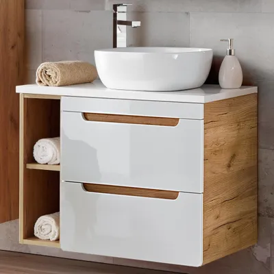 Produktbild von Waschtisch 80 cm mit 42 cm Keramik-Waschbecken LUTON-56 in Hochglanz weiß mit Wotan Eiche Nb., B/H/T ca. 81/76,5/46 cm