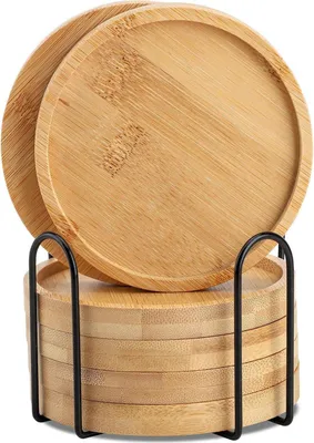 Image de Dessous de verre en bambou rond, set de 6 verres - Dessous de verre en bois pour boissons et tasses - Dessous de table déco
