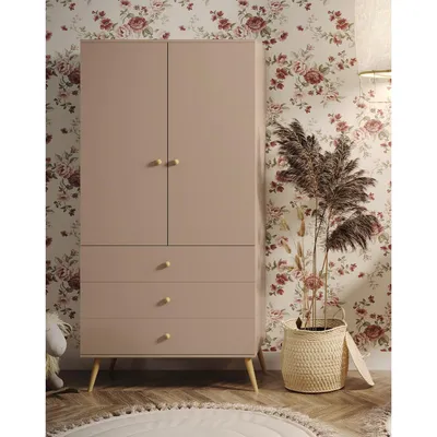 Produktbild von NATURA Kleiderschrank 100cm (3 Schubladen + Kleiderstange) Beige Macchiato Boho Echtholz Buche Soft-Close