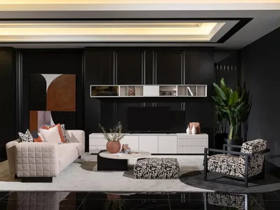 Produktbild von Moderner weißer Wohnzimmer Set mit TV-Ständer und Regale