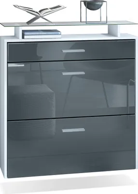 Produktbild von Vladon Schuhschrank Malea, hängender Schuhkipper für 16 Paar Schuhe mit 2 Klappen und 1 Schublade und Glasablage, Weiß matt/Grau Hochglanz (89 x 96 x 23 cm)