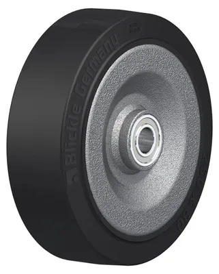 Immagine prodotto di ruota da 250 mm con gomma elastica nera su centro in acciaio saldato