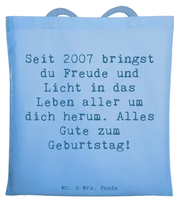 Produktbild von Mr. & Mrs. Panda Tote Bag Spruch 2007 Geburtstag - Sky Blue - Geschenk, Happy Birthday, Geburtstagsgeschenk, Jutebeutel, positive Energie, Handgefertigte Geschenke, Jahr