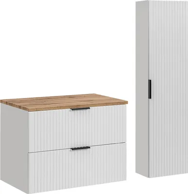 Zdjęcie produktu dla Meble Łazienkowe Biały Mat 80 Cm Z Blatem Dąb I Szafką Wysoką