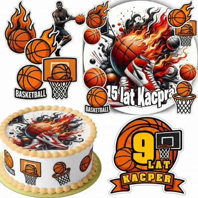 Produktbild von Zestaw Opłatek Na Tort 20Cm + 16 Postaci - Koszykówka + Imię 15Cm 18Cm