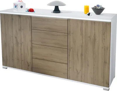 Produktbild von Vladon Sideboard Faro V1 - Kommode mit 2 Türen & 4 Schubladen, Schrank mit LED Lichtleiste, Weiß matt / Eiche Evoke (138,5 x 75,5 x 35)