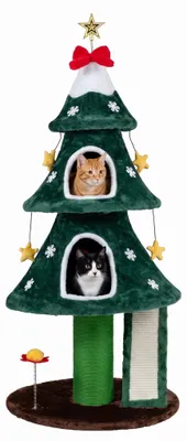 Produktbild von KOMFOTTEU Katzenbaum im Weihnachtsbaum-Design mit 2 Höhlen, Kratzstamm, Kratzbrett, hängendem Ball, Katzenmöbel für Hauskatzen, KI-generiertes Bild