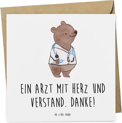 Produktbild von Mr. & Mrs. Panda doppelkarte Arzt mit Herz - Weiß - Geschenk, Geschenke, Aufmerksamkeit, Lächeln, Glückwunschkarte, faltkarte, anlasskarte, Fürsorge, handgefertigt, Danke